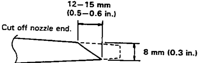 Adhesive cartridge nozzle showing the angled cut with the cut-off dimension.