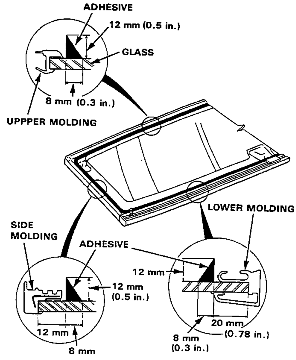 Rear glass with a bead of adhesive run around the edge; enlarged cross-sections at the upper molding, side molding, and lower molding show the adhesive triangle dimensions.