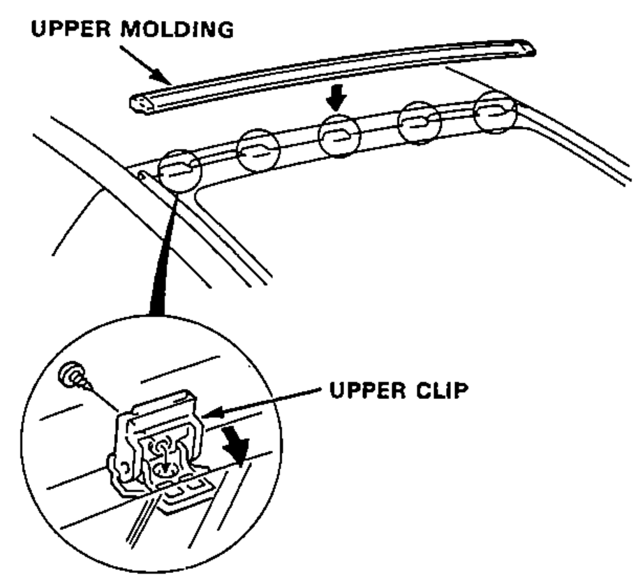 Upper edge of the rear window showing the upper molding being pressed into place; enlarged circle shows an upper clip and screw being installed.