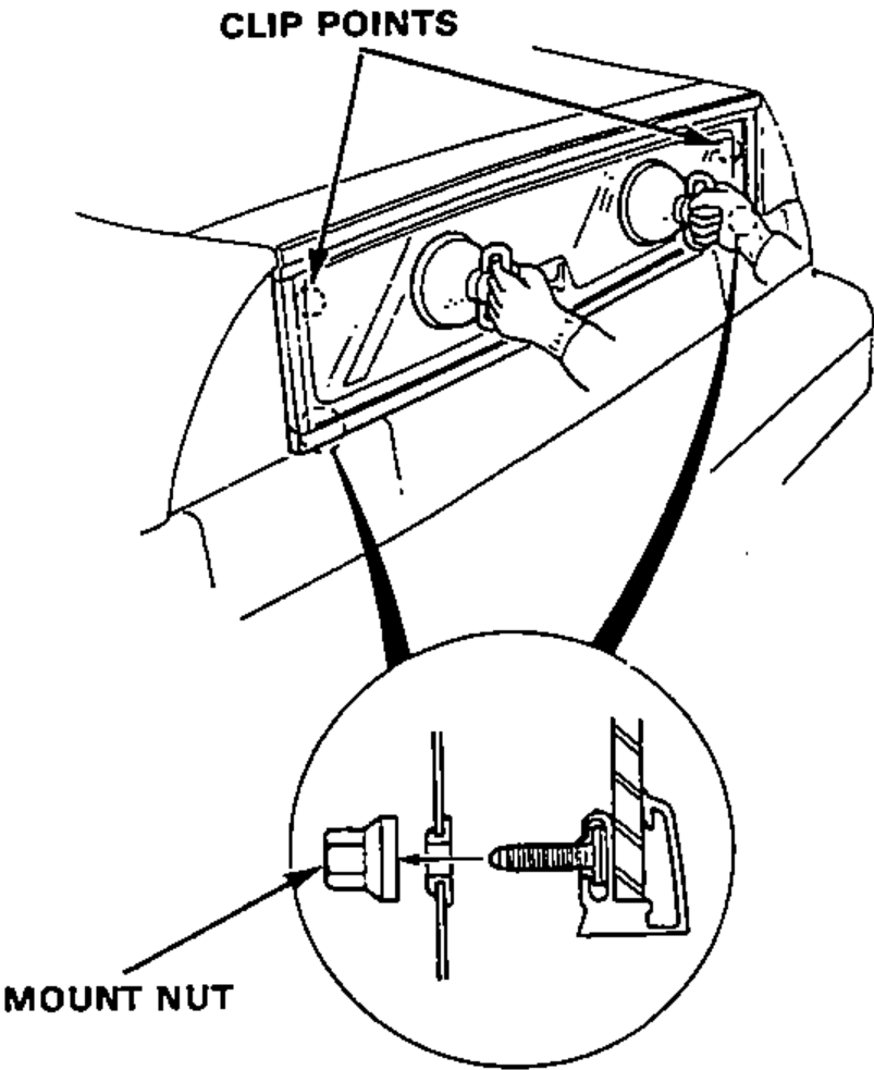 Hands using suction cups to set the lower hatch glass onto the adhesive; clip points are indicated at the corners and an enlarged circle shows a mount nut on a stud at the molding.