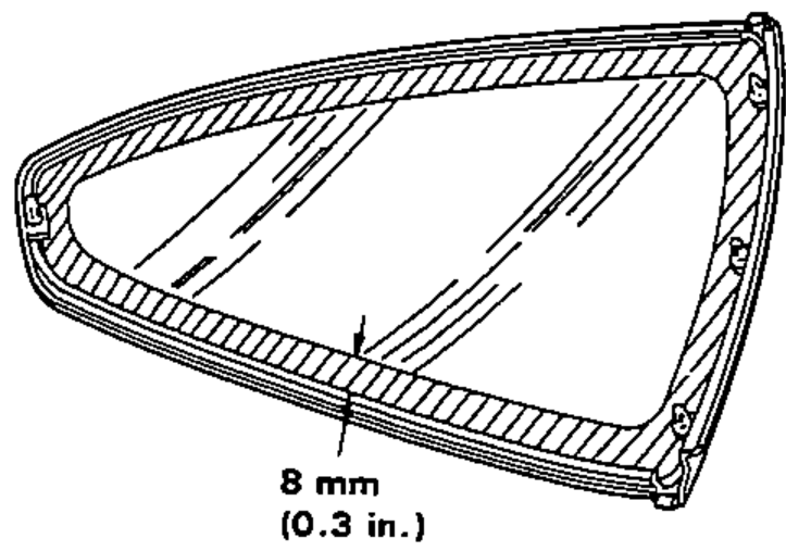 Quarter glass with the 8 mm wide band along the glass edge indicated where the glass primer is applied.