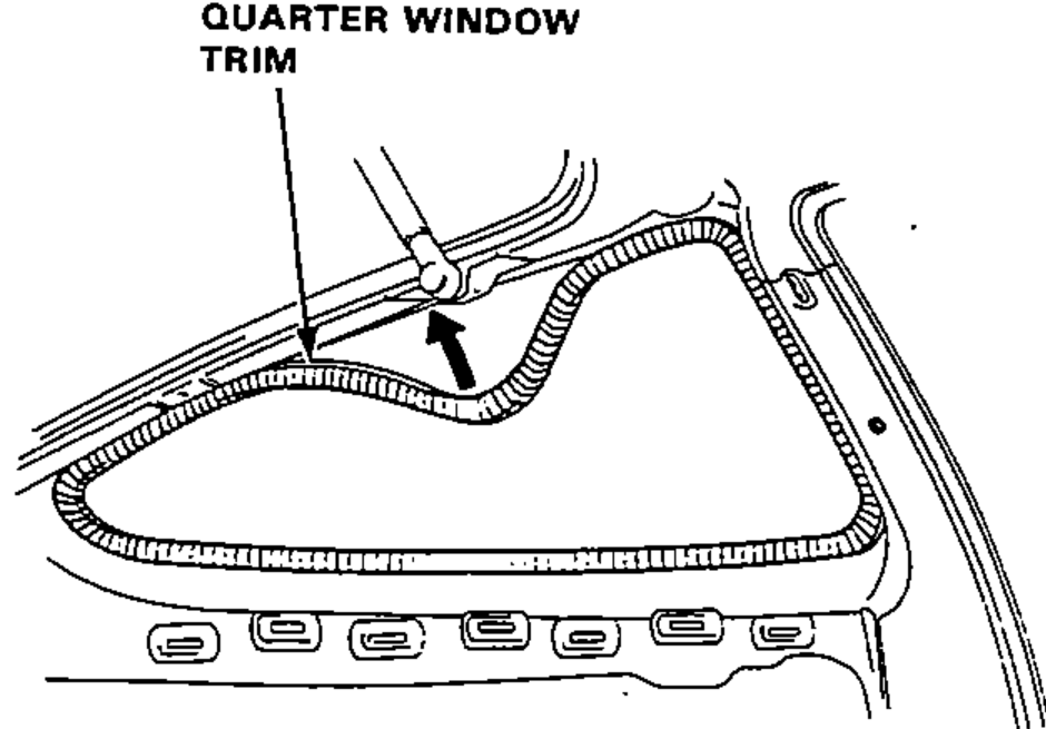 Quarter window trim being installed onto the body window opening flange, with an arrow showing the trim being pressed into place.