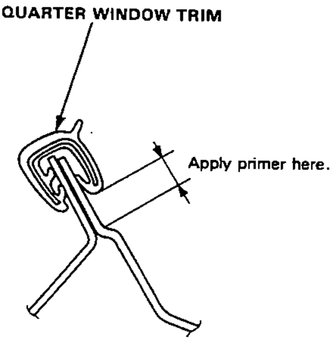Cross-section of the quarter window trim showing where body primer is applied to the window opening flange.