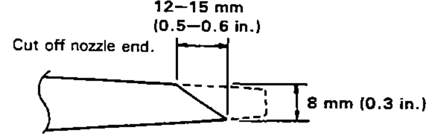 Adhesive cartridge nozzle shown being cut off at an angle, with the dimensions of the cut.