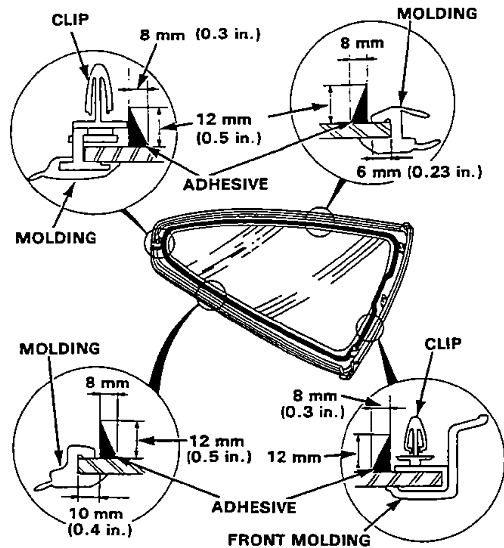 Quarter glass with a bead of adhesive run around the edge; four enlarged cross-sections (clip, molding, front molding) show the adhesive-bead dimensions against the glass and moldings.