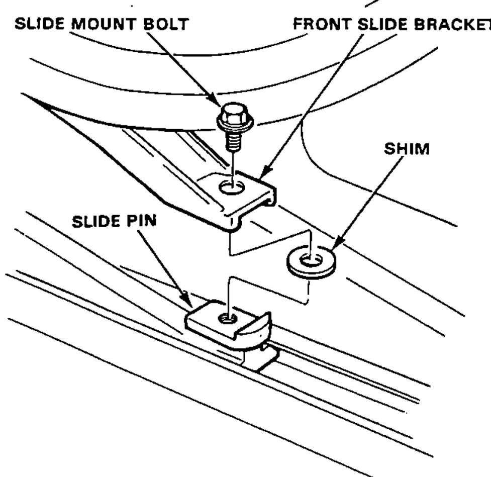 Exploded view of the sunroof front slide bracket showing the slide mount bolt, slide pin and shim used for front height adjustment.