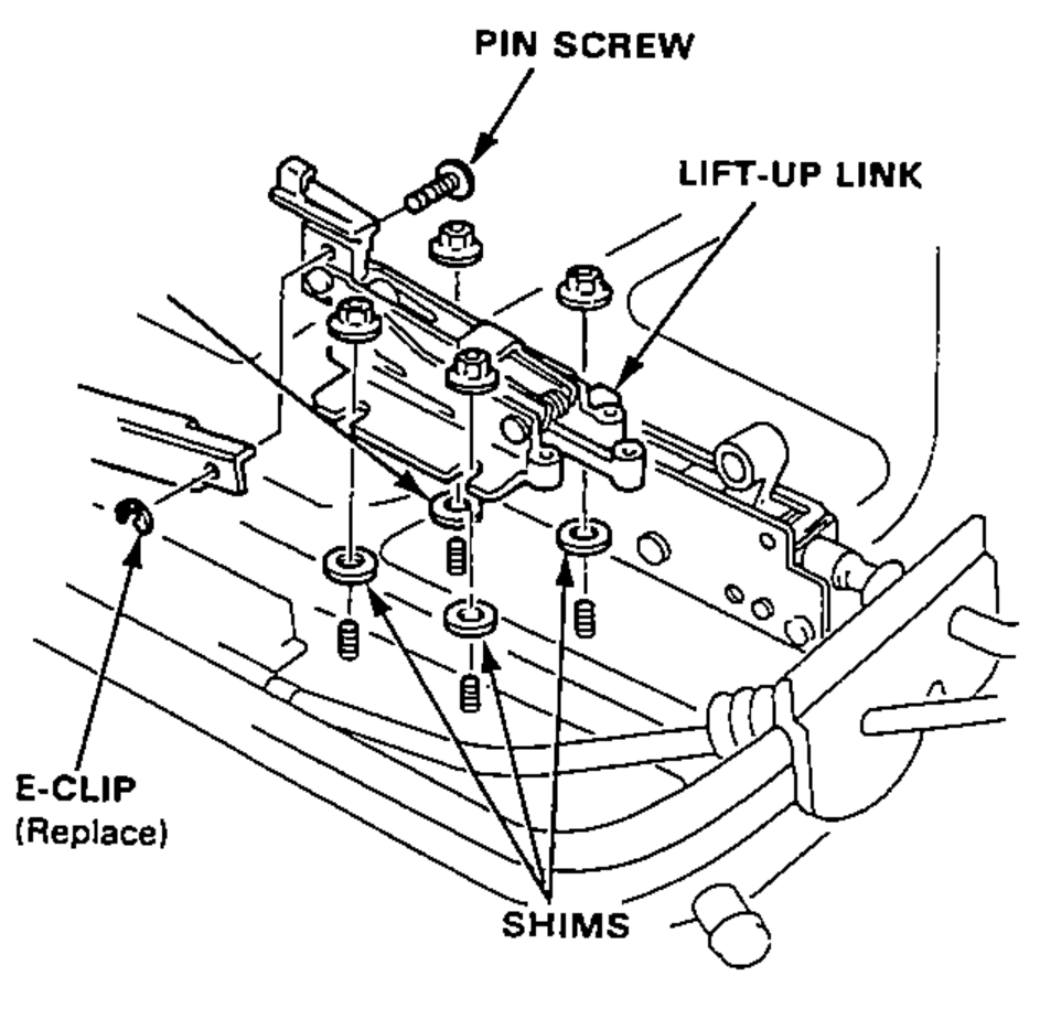 Exploded view of the sunroof lift-up link assembly showing the pin screw, lift-up link, E-clip and shims used for rear height adjustment.