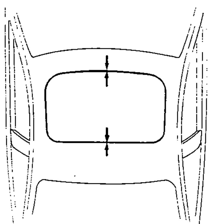 Rear view of the roof showing the sunroof panel opening with arrows indicating the flush fit check between the sunroof panel and the roof panel.