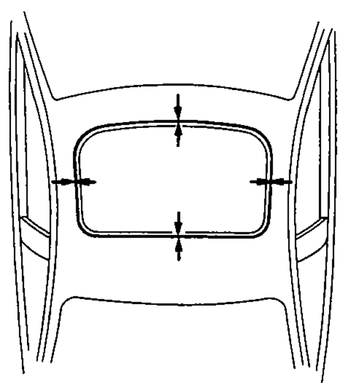 Rear view of the roof showing the sunroof panel opening with arrows around all four edges indicating the front-seal and rear-seal fit check.