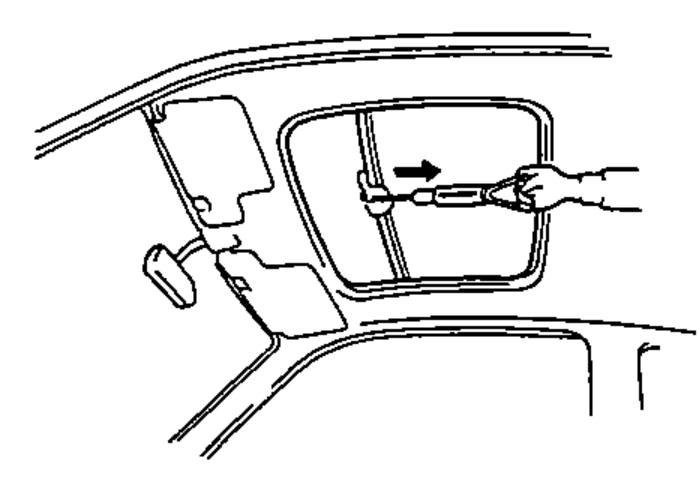 View of a person using a spring scale attached to the leading edge of the sunroof to measure closing force, with an inset detail of the sunroof control switch.