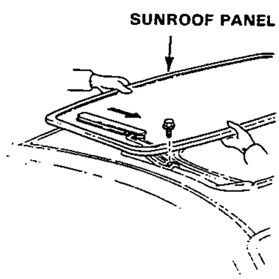 View of hands sliding the sunroof panel forward off the rear slide bracket, with an arrow indicating the forward sliding direction.