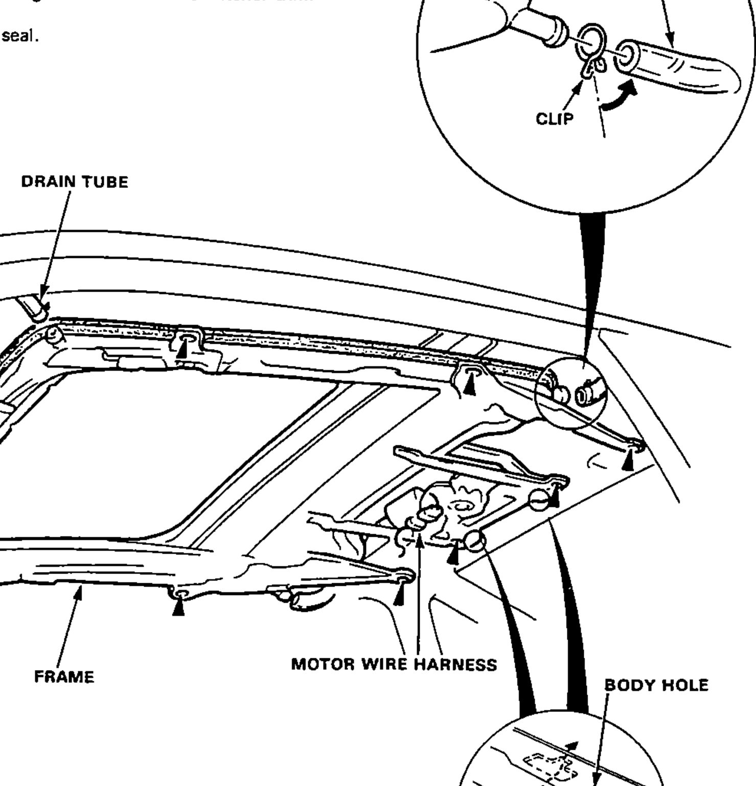 Underside view of the sunroof frame installed in the roof, showing the drain tube routing, frame mount points, and the motor wire harness. Inset detail circles show the drain tube clip removal, a frame mount bolt, and the rear hook engaging the body hole.