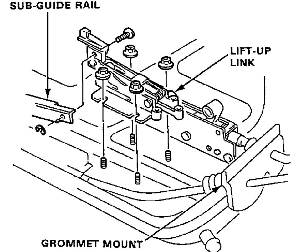 View of the lift-up link and sub-guide rail mounted on the frame, showing the grommet mount area.