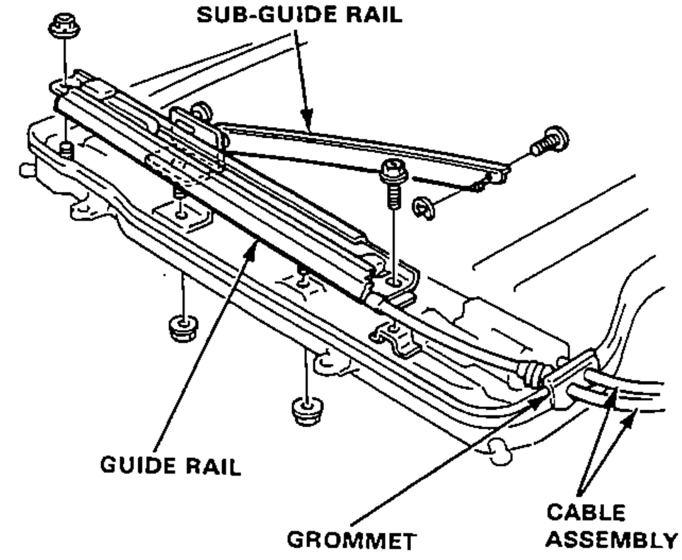 View of the guide rail assembly on the frame showing the sub-guide rail, guide rail, grommet and cable assembly.