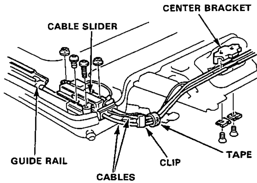 View of the cable slider assembly on the frame showing the cable slider, center bracket, guide rail, cables, clip and tape.