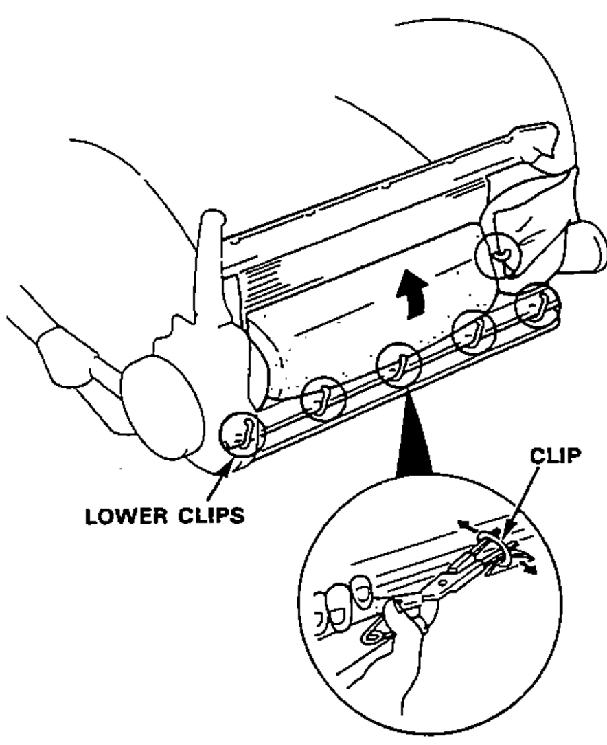 Seat back frame with the trim cover being lifted; shows the lower clips along the bottom edge with a magnified inset detailing a single clip being released with pliers.