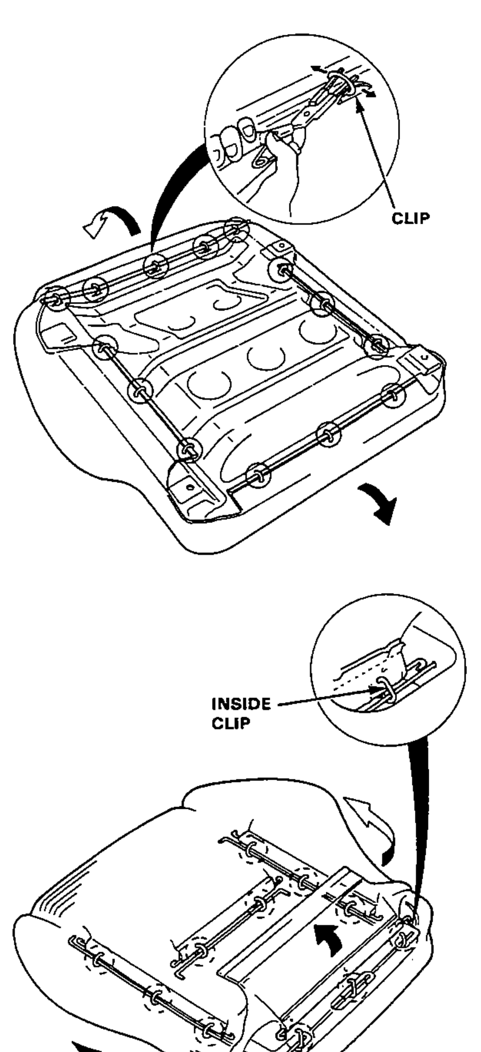 Seat cushion frame and trim cover: top view showing the 14 clips around the frame turned over, an inset detail of a clip on the frame, and a lower view showing the inside clip being released to remove the cushion trim cover.