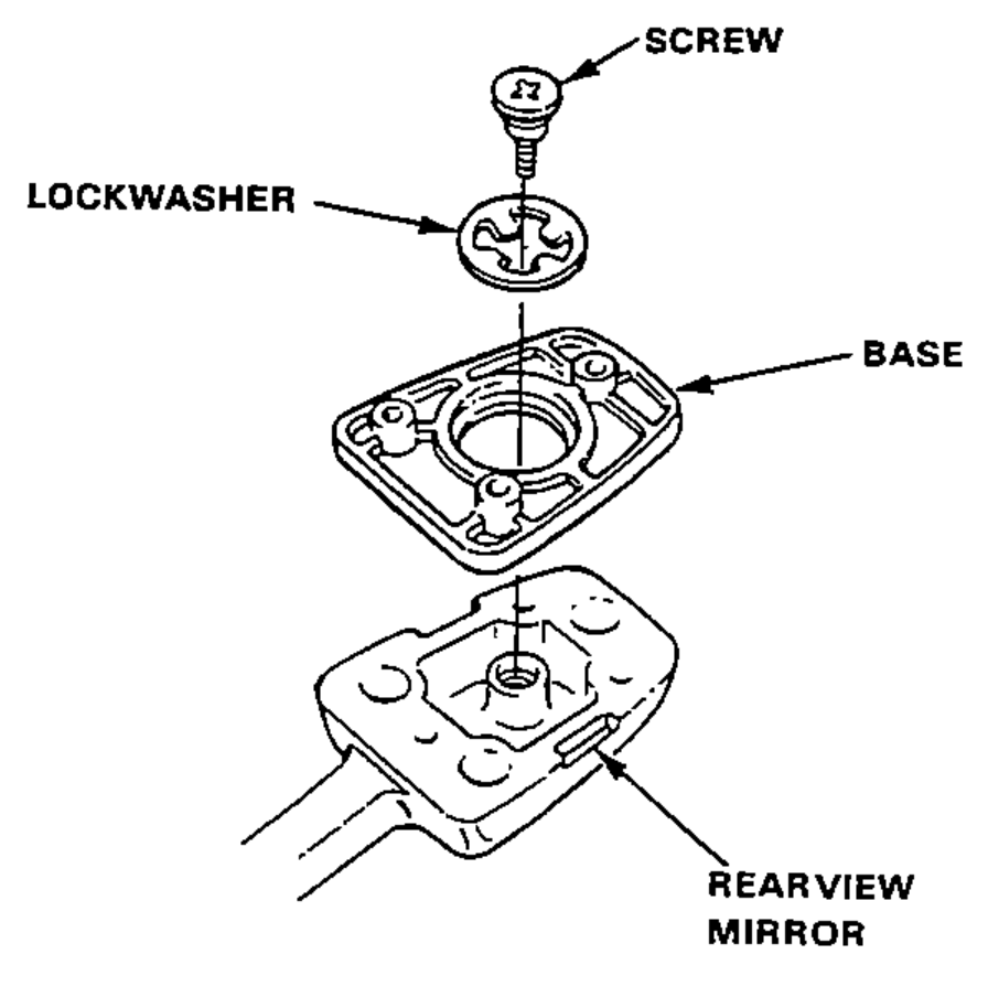 Rearview mirror base detached from the bracket: shows the retaining screw, lockwasher and base above the rearview mirror bracket.