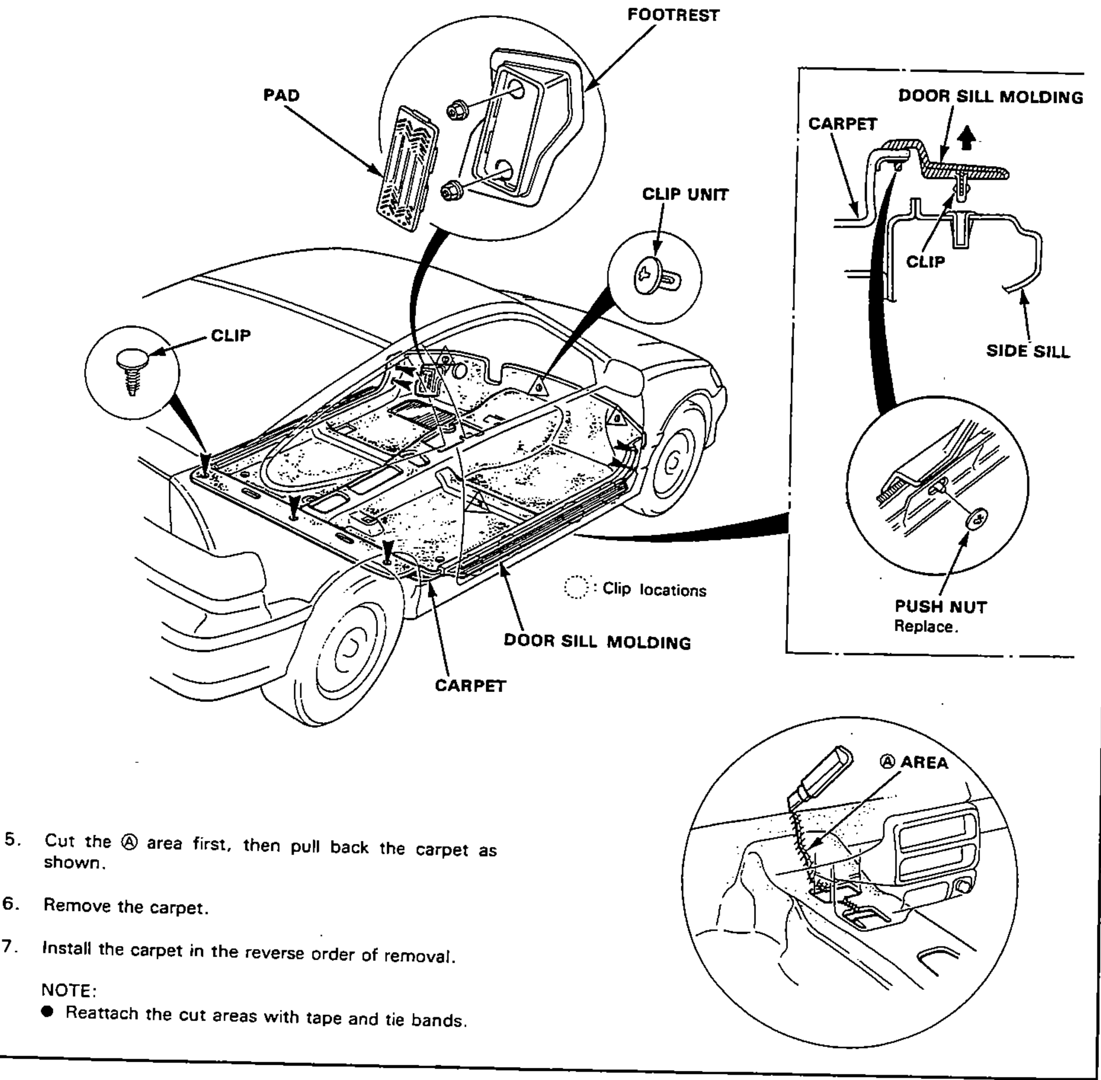 Floor carpet and door sill molding layout on the car. Main view shows the floor pan with the carpet, door sill molding and clip locations, with inset details of the footrest pad, the clip and clip unit fasteners, a cross-section of the door sill molding/carpet/side sill/clip engagement, the push nut, and the 'A' cut area for pulling the carpet back.