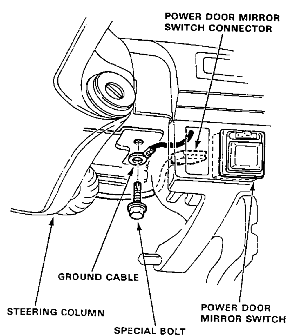 View at the right of the steering column showing the ground cable secured by a special bolt, and the power door mirror switch and its connector.