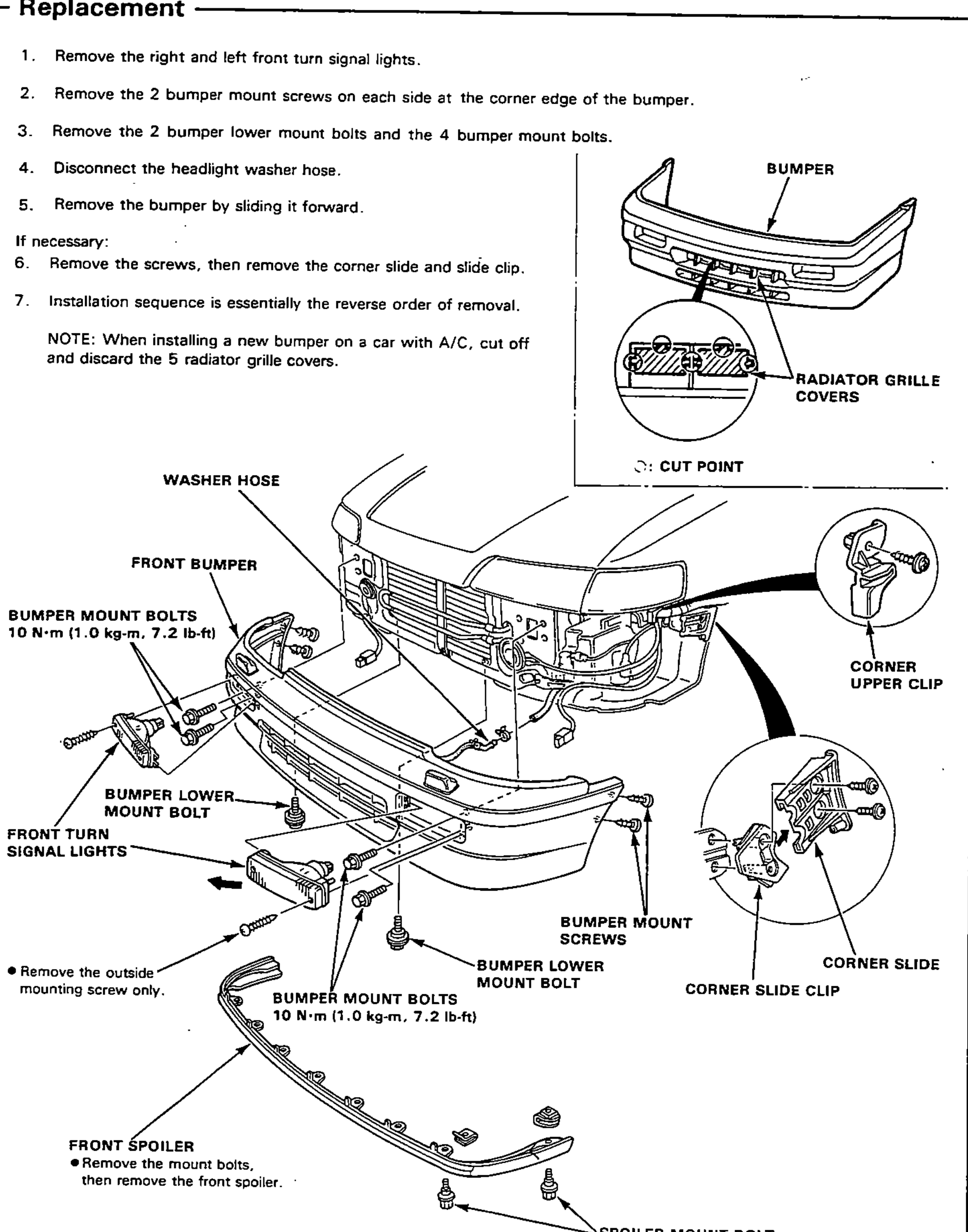 Exploded view of the front bumper assembly showing the washer hose, front bumper, bumper mount bolts and bumper lower mount bolt, front turn signal lights, bumper mount screws, corner slide, corner slide clip and corner upper clip, plus the front spoiler with its spoiler mount bolts. An upper inset shows the bumper and the radiator grille covers with a cut point.
