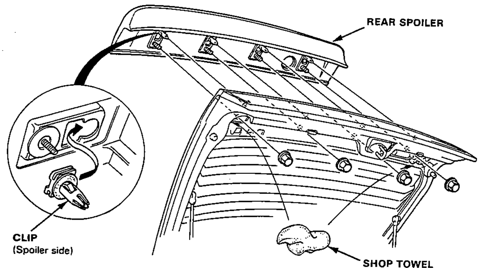 Rear spoiler mounted on the tailgate, showing the four mount nuts and the clips (spoiler side) that secure it. A shop towel is placed on the surface. An inset details the clip on the spoiler side.