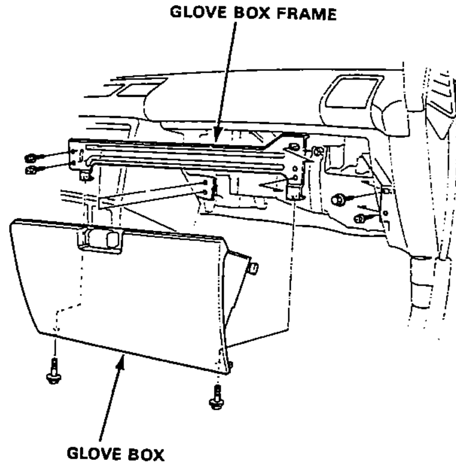 Instrument-panel view showing the glove box frame at the dashboard and the glove box removed below it, with mounting screws.