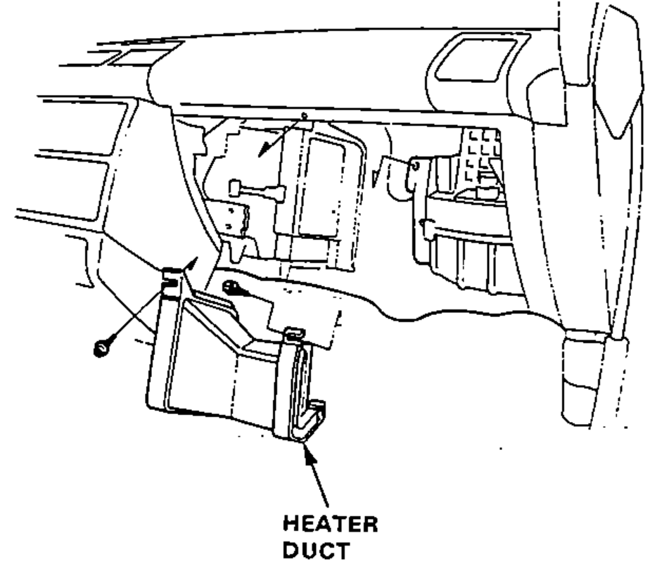 Under-dash view with the heater duct removed after taking out the tapping screws.