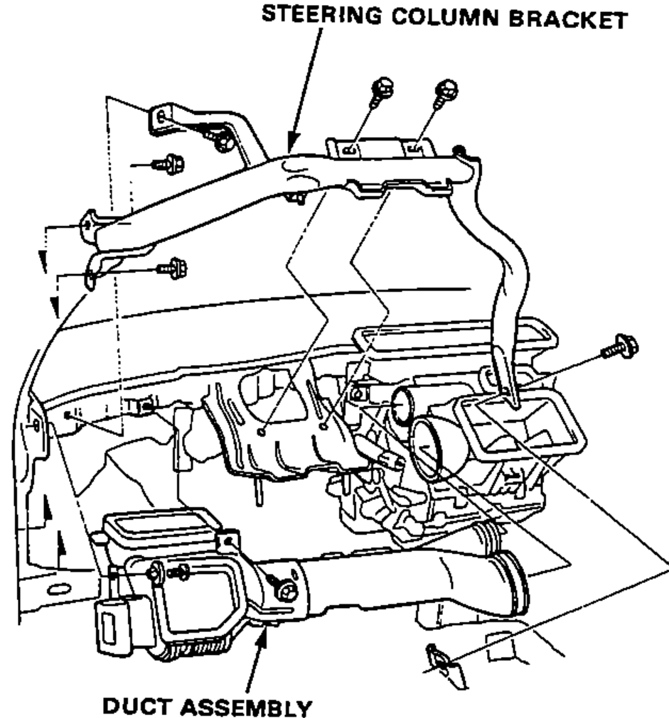 Under-dash view showing the steering column bracket and the duct assembly to be removed.