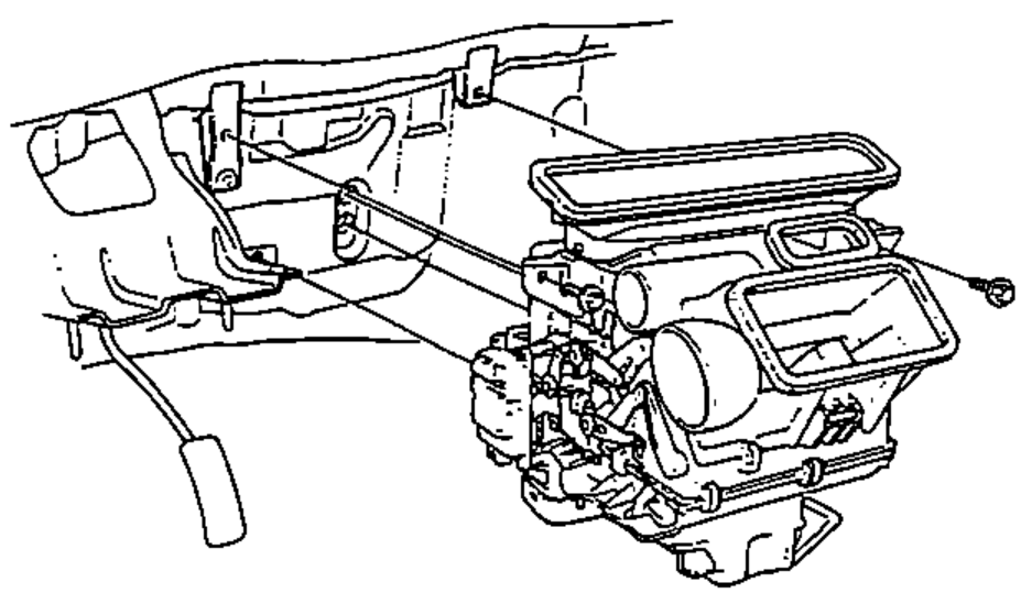 Under-dash view of the heater assembly with its mounting bolts and function control motor wire harness connector, being removed.