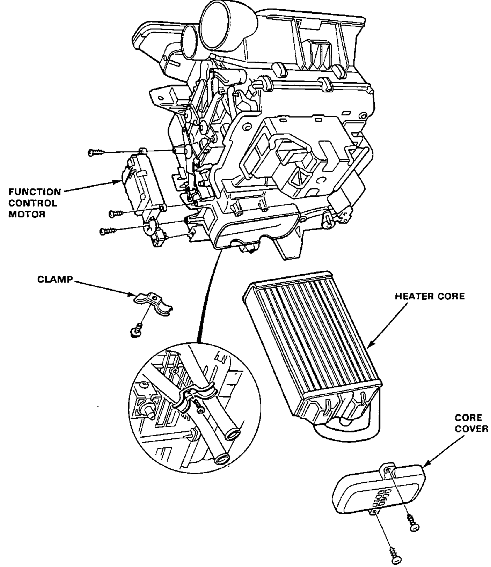 Exploded view of the heater assembly showing the heater housing, function control motor, clamp, heater core, and core cover with their tapping screws.