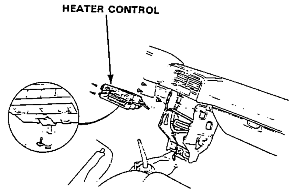 Dashboard center view showing the heater control unit and its setting plate, with an enlarged inset of a tapping-screw location.