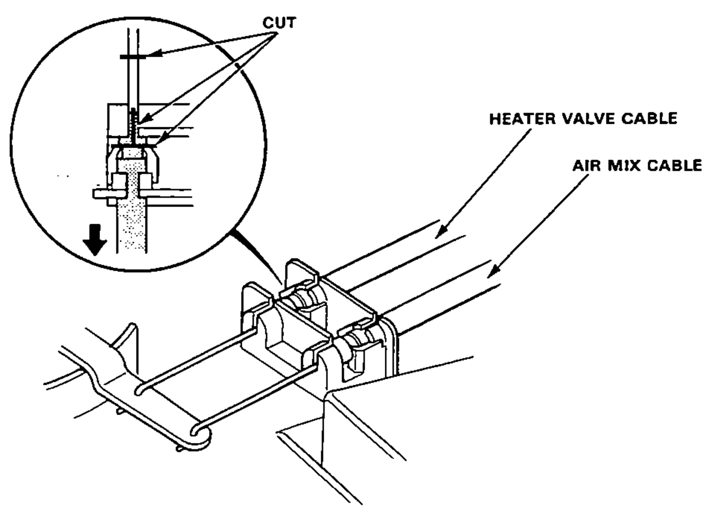 Cable replacement detail: a magnified inset shows where to CUT the cable at the heater unit, and the lower drawing shows routing of the heater valve cable and air mix cable to the heater unit.