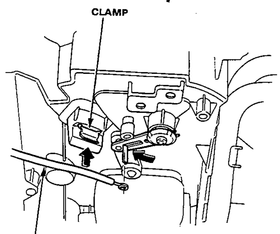 Under-dash view of the air mix cable connection at the heater unit, showing the clamp and cable routing with arrows indicating the adjustment direction.