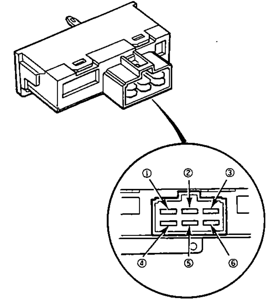 Fan switch 6P connector with a magnified inset showing the terminal-side pin layout numbered 1-6 (top row 1,2,3; bottom row 4,5,6).