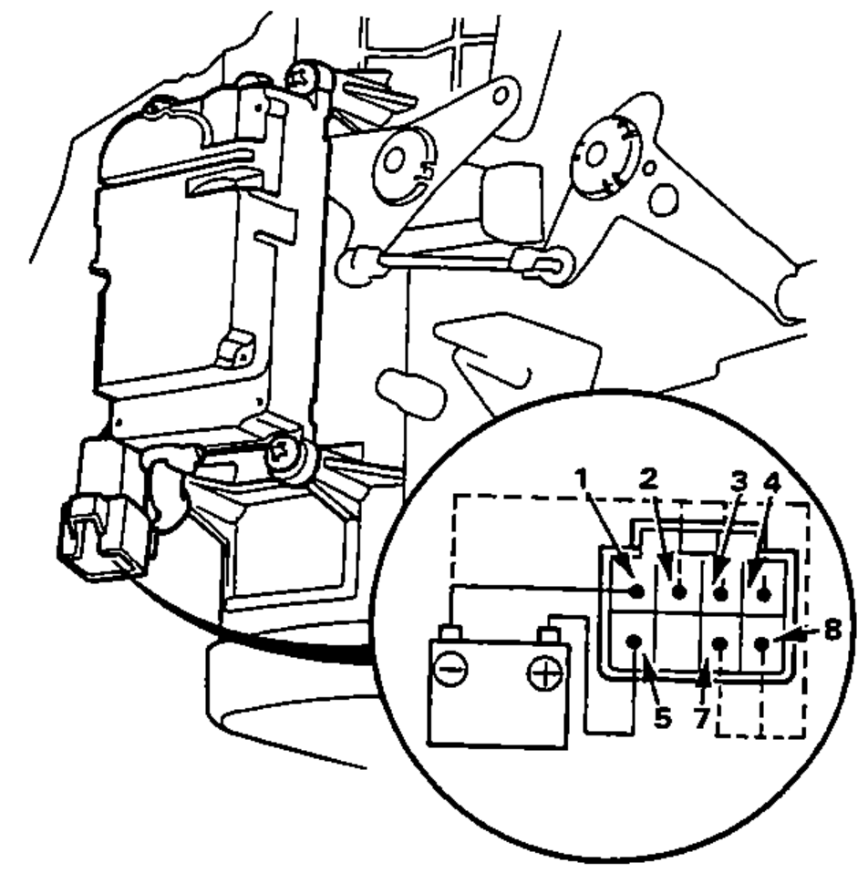 Function control motor mounted on the heater unit, with a magnified inset showing the connector terminals (1,2,3,4 top; 5,7,8 bottom) viewed from the terminal side and a battery hookup.