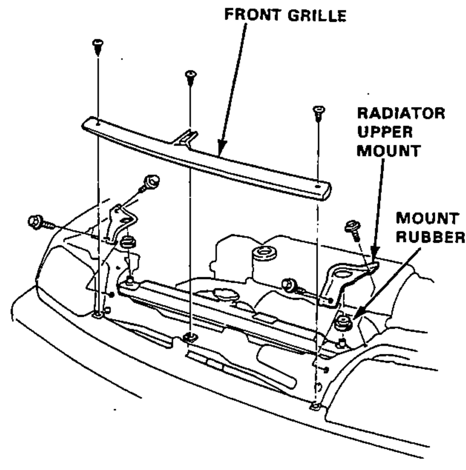Front grille and radiator upper mount removal: front grille lifted off, showing the radiator upper mount and mount rubber with their fasteners.