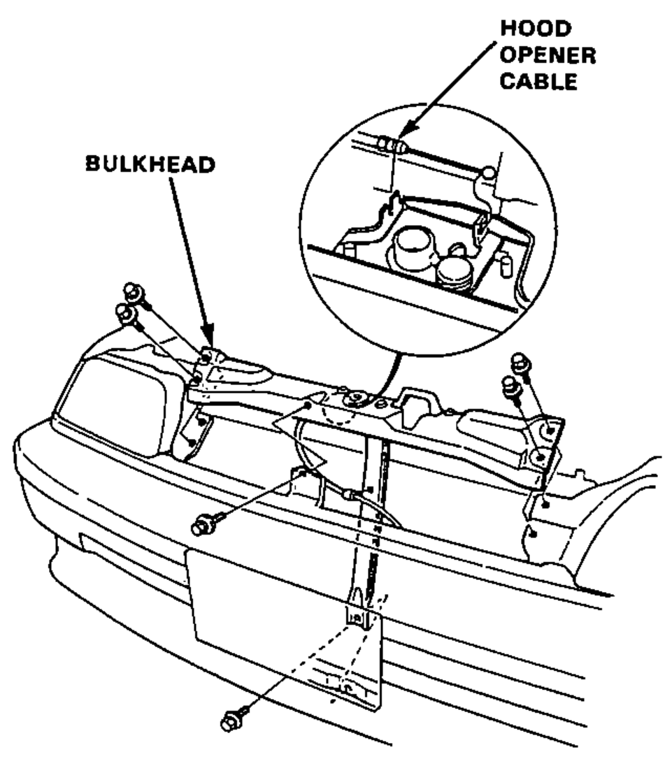 Front bulkhead removal with a magnified inset of the hood opener cable routing.