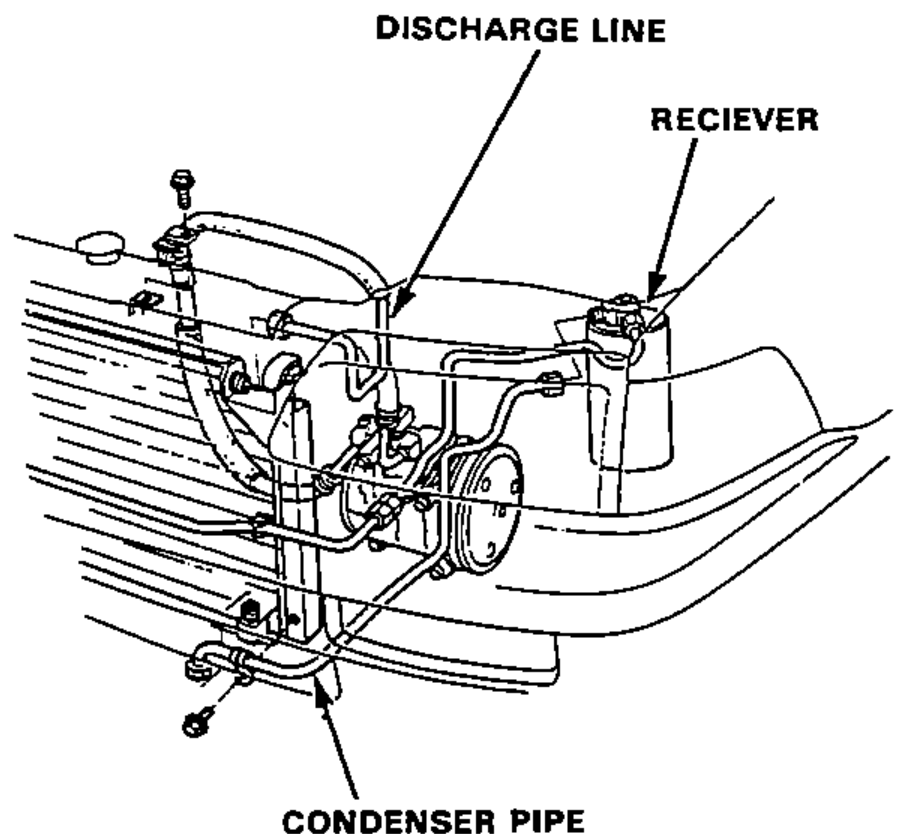 Condenser upper area showing the discharge line and receiver at top and the condenser pipe below, to be disconnected from the condenser.