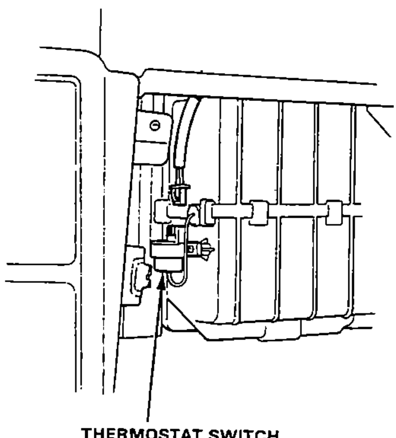 Interior view showing the thermostat switch and its connector on the evaporator/heater unit, wire harness routed along clamps.