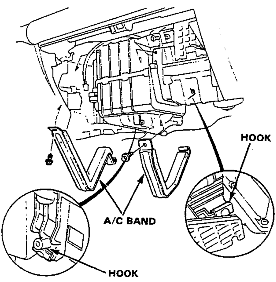 Under-dash view of the A/C bands (straps) secured by tapping screws and hooks that retain the evaporator, with two magnified insets of the A/C band hooks.