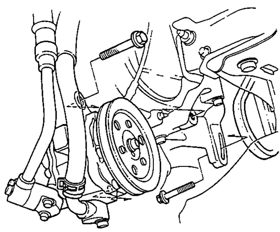 Power steering pump area showing the mounting bolts and belt to remove the power steering pump (models with power steering).