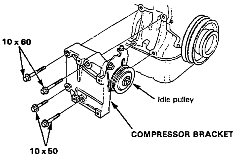 Compressor bracket with idle pulley removed via four mounting bolts (10 x 60 and 10 x 50); all-torque callout.