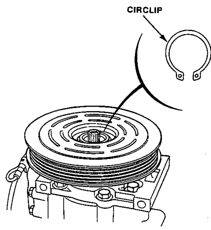 Removing the circlip from the compressor clutch pulley shaft using circlip pliers; a detail of the circlip is drawn above, connected by a leader line.