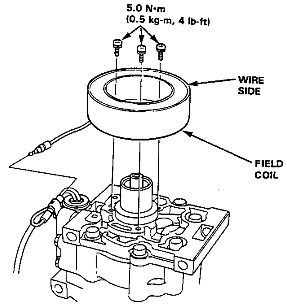 Removing the field coil after disconnecting the connector and removing the three screws; field coil lifted off the compressor with the wire side up.