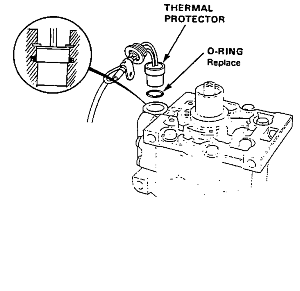 Setting the new O-ring and thermal protector in place on the compressor, with a magnified inset showing the O-ring seated in its bore; leader lines label the thermal protector and the O-ring (Replace).