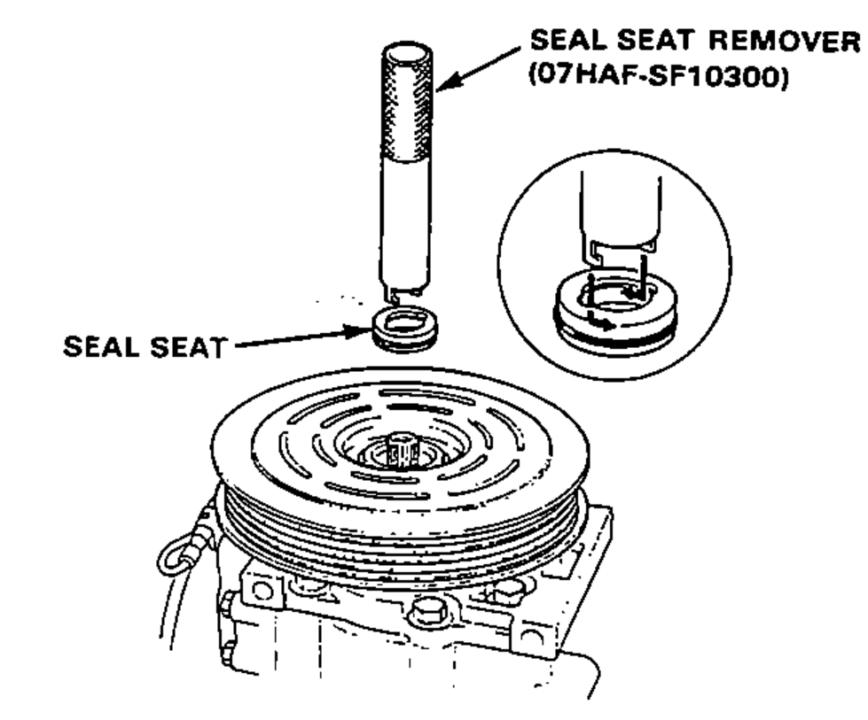 Using the seal seat remover special tool to pull out the seal seat from the compressor; an inset shows the tool cutout engaging the seal seat groove with a counterclockwise rotation.