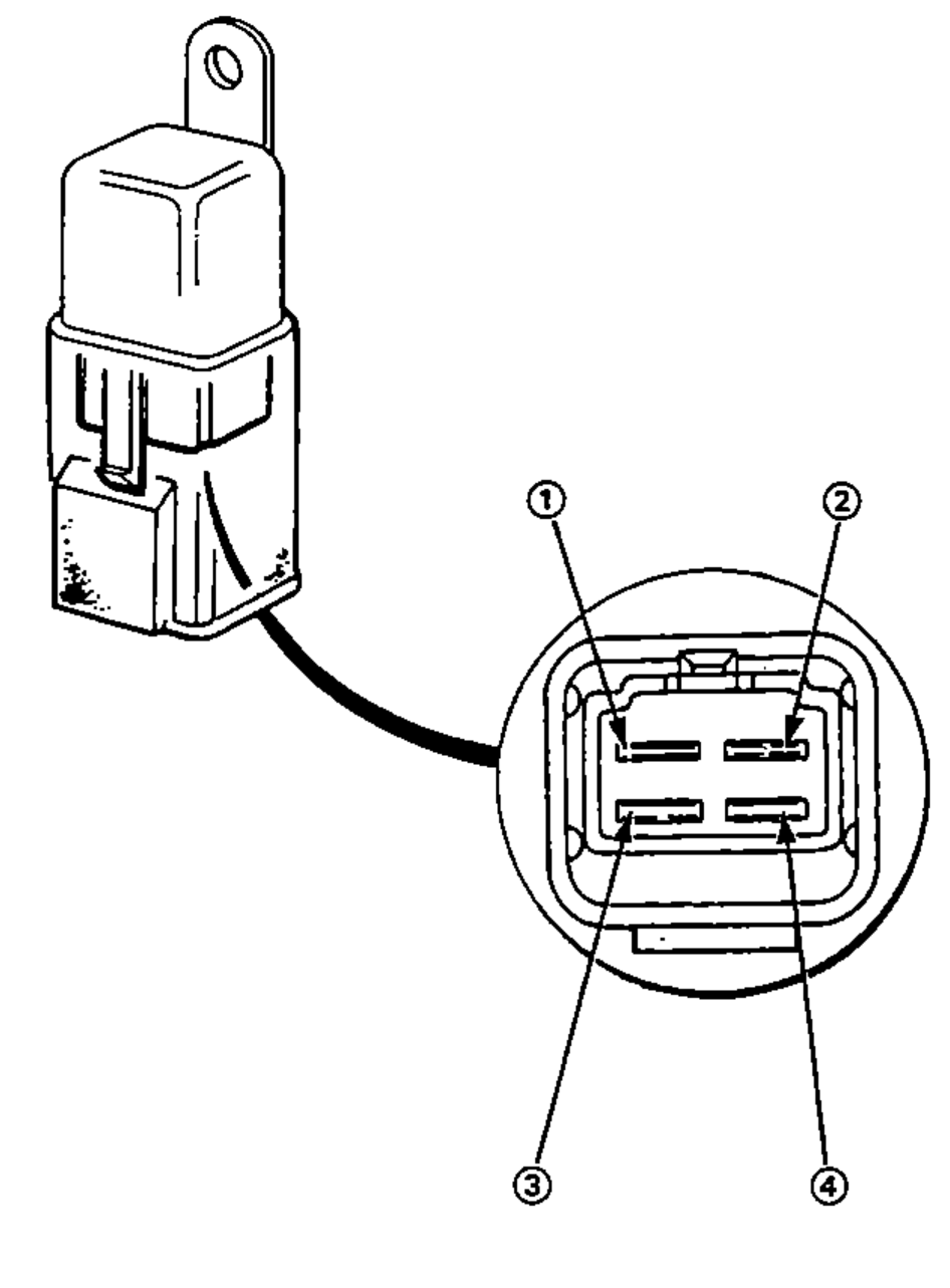 A/C system relay with a magnified inset of the connector terminals numbered 1, 2, 3 and 4, used to identify the terminals during the continuity test.
