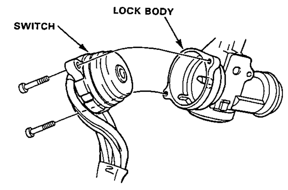 Electrical switch and lock body on the steering column. Shows the switch base secured by 2 screws to the lock body assembly.