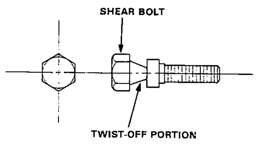 Detail of a shear bolt showing the hex head that twists off. The left illustration is a section/end view; the right shows the threaded shear bolt with its twist-off portion.